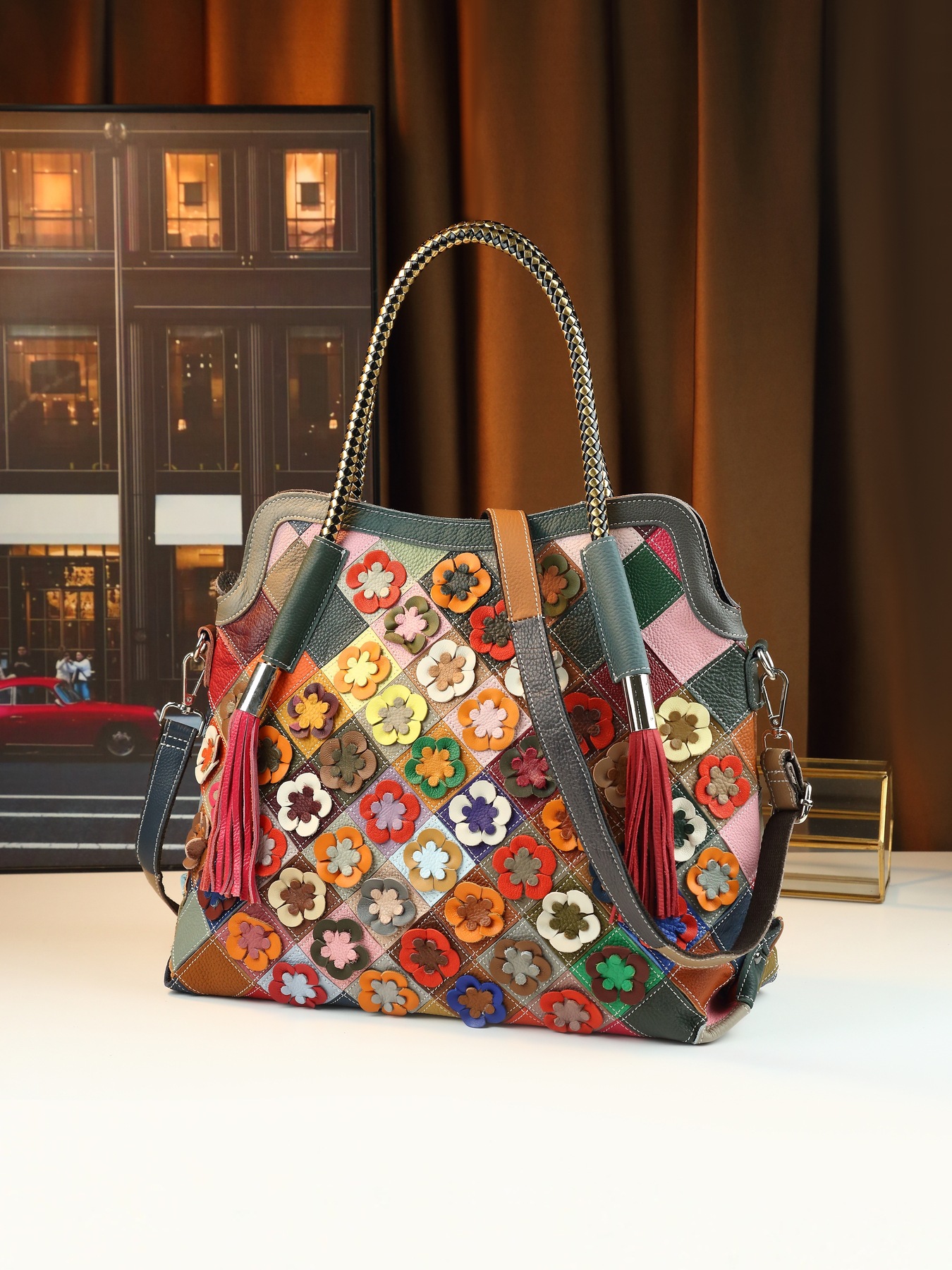 Women's Woven Crossbody Handbag Multi Colour Patchwork Tote Bag_voghion.com