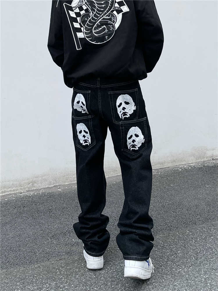Unisex Streetwear Skull Print Denim Jeans - Loose Fit Straight Leg Hip Hop Pants For Men & Women_mkmklike.com