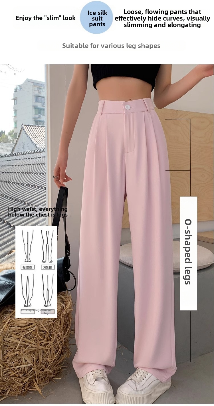 Women's Ice Silk Wide Leg Casual Pants High Waist Flowing Straight Leg Suit Loose Floor Length Trousers Summer New Style_ecoleips.com