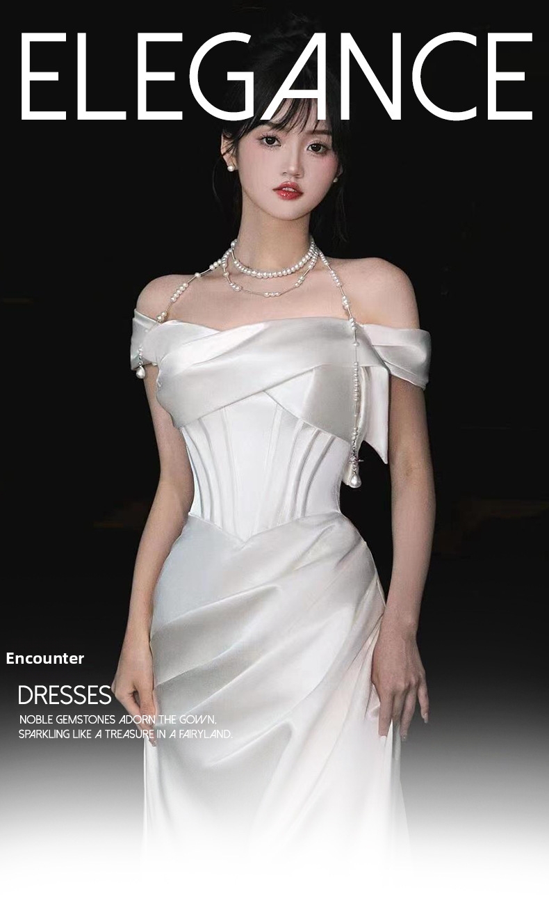 Elegant French Style Bridal Gown off the Shoulder Toast Dress Engagement Evening Banquet Women's Party Wear_ecoleips.com