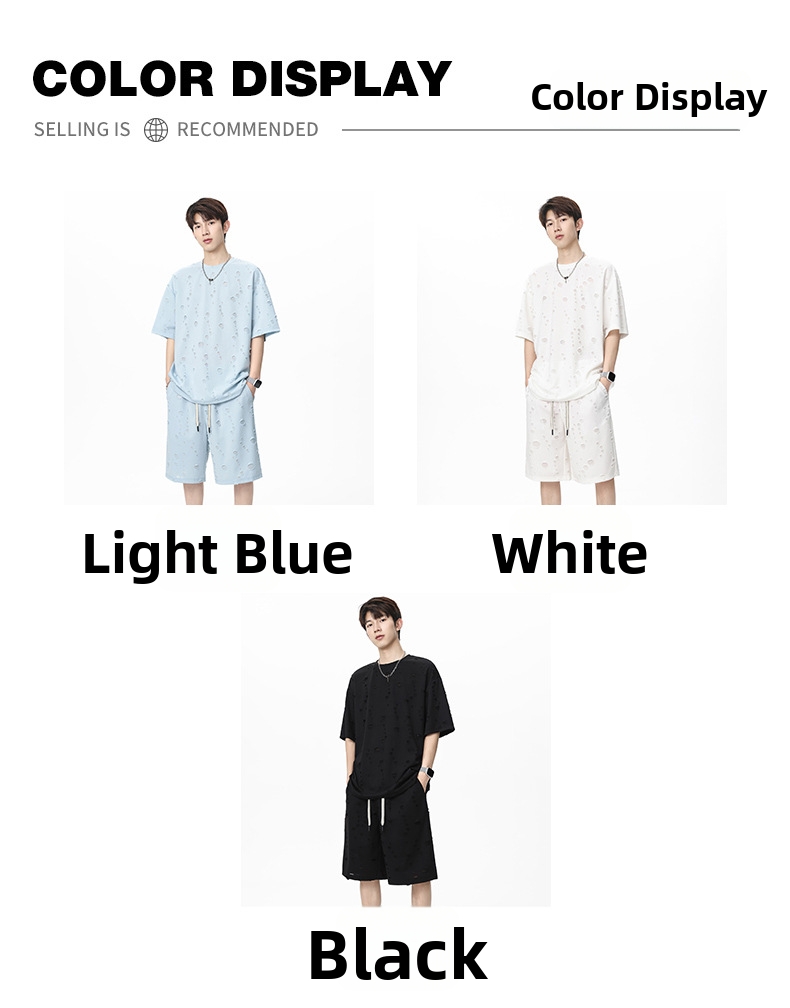 Men's Clothing Men's Ripped Summer Sports Set Thin Casual Trendy Short Sleeved Shorts With Cool Stylish Design_viptrois.com