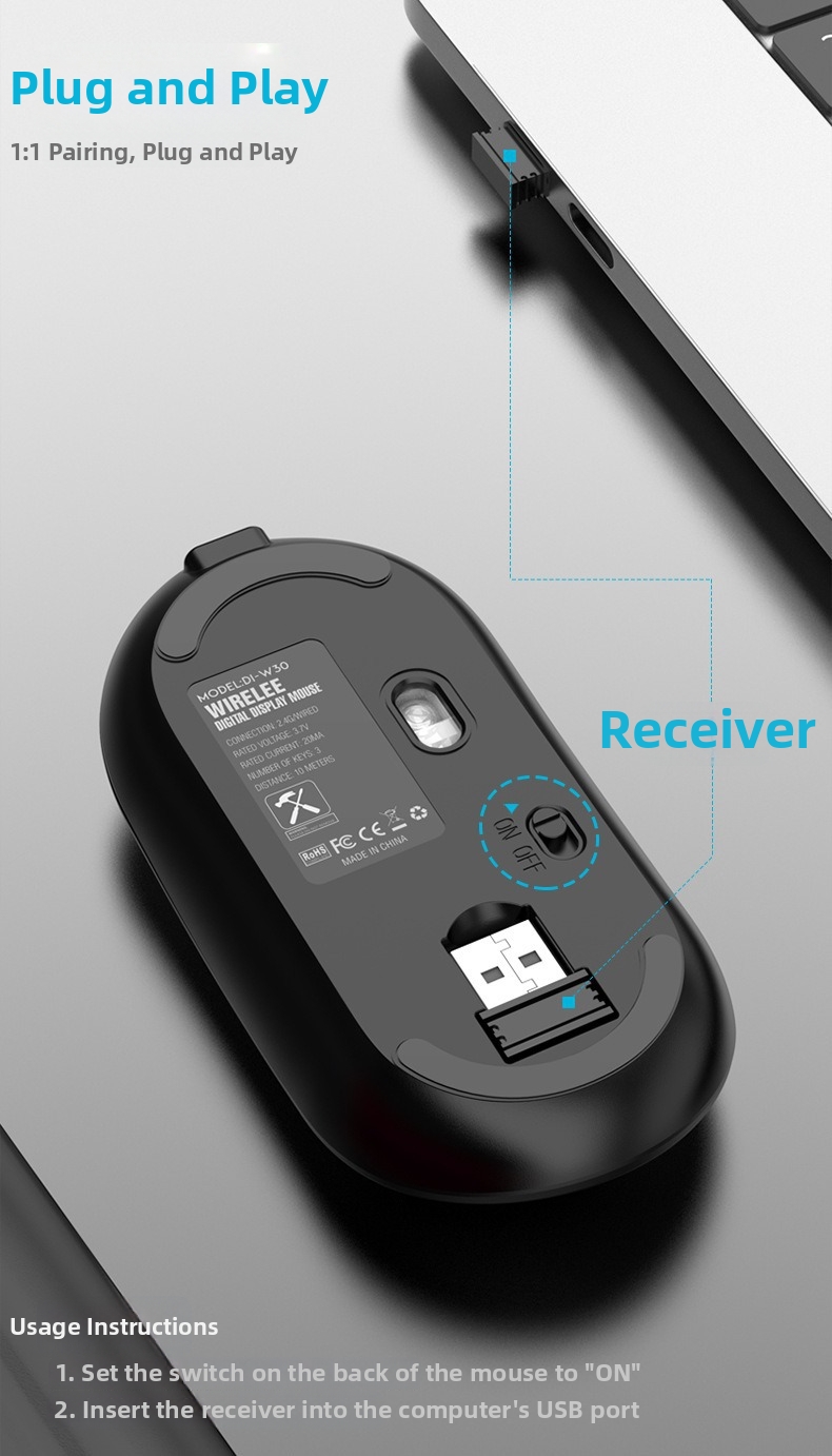 Kabellose Maus mit Bluetooth-Ladefunktion, geräuscharmem Betrieb und Akkuanzeige. Geeignet für Büro und Geschäftsgebrauch. USB-Computer._voghion.com
