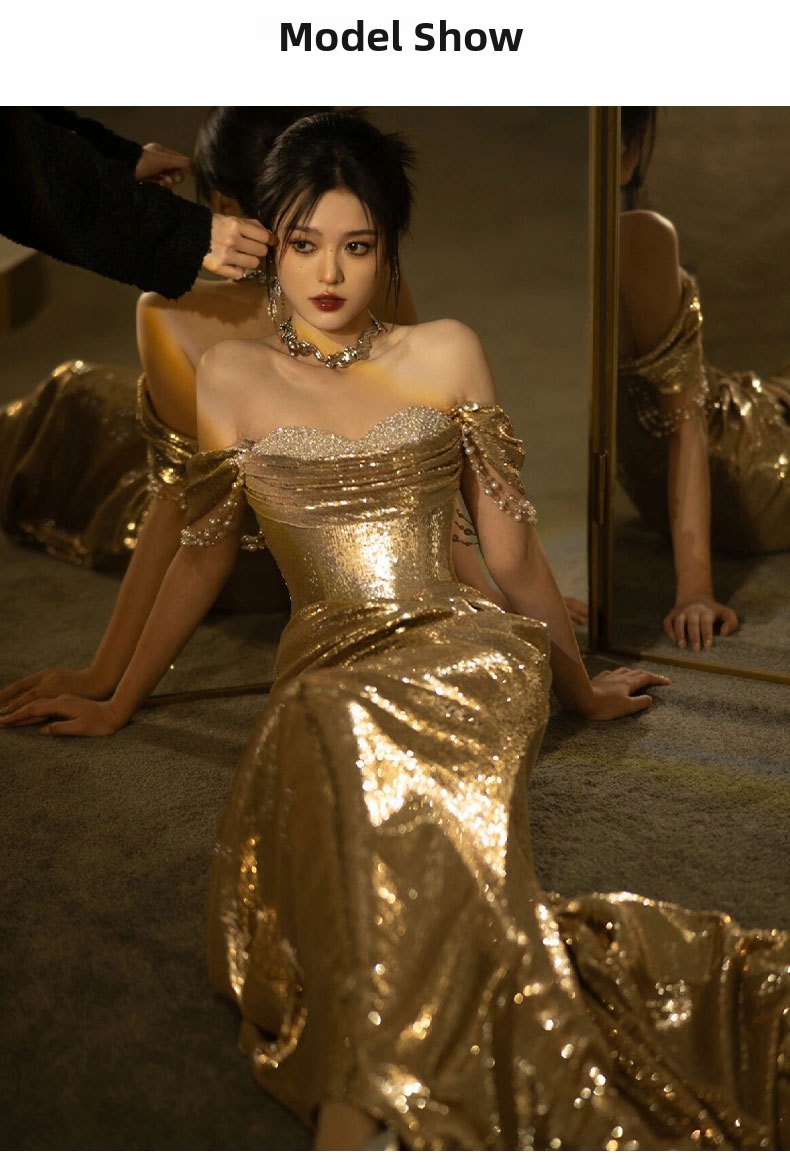 Robe de soirée sirène élégante à sequins dorés épaule dénudée_voghion.com