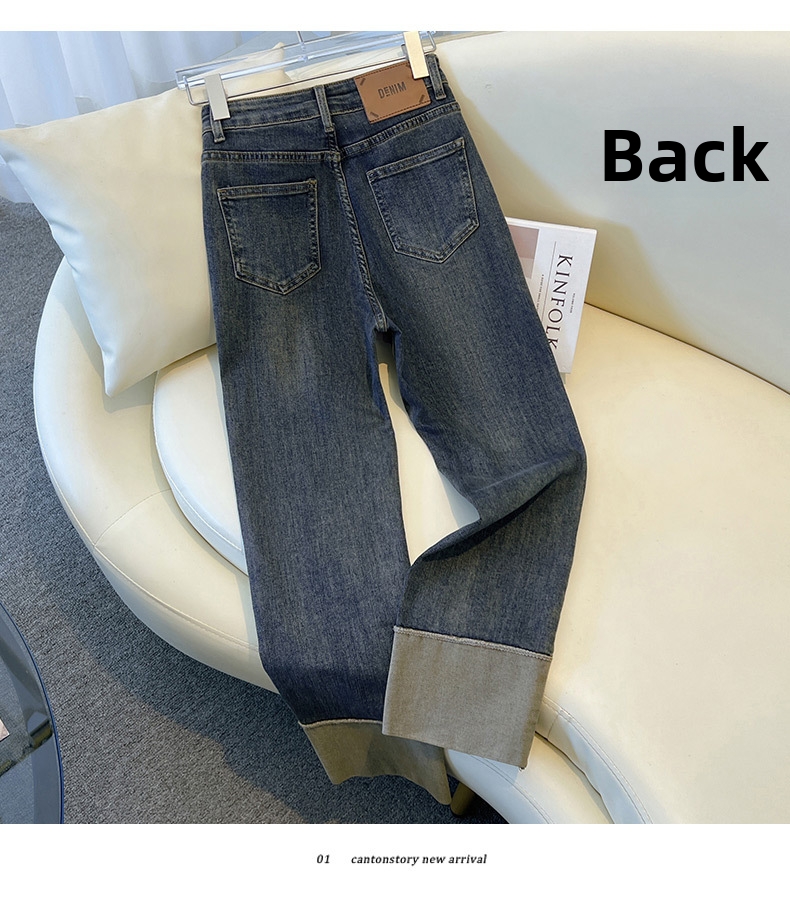 Women's Slim Fit Straight Leg Jeans Stretchy Cuffed Cropped Baguette Pants Spring Autumn Popular Style_mkmklike.com