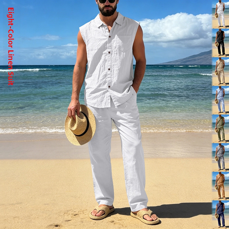 Lässiger Herren-Sommeranzug aus Leinenhemd und gerader Hose, ärmellos, mit Kragen, Strandmode, unabhängige Website_voghion.com