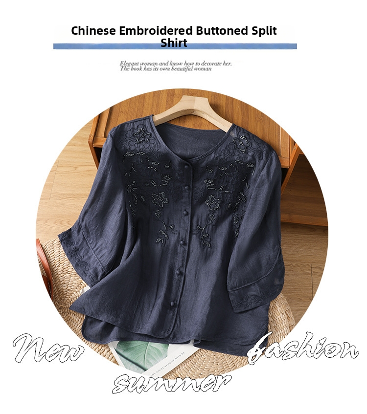 Damen Bluse Im Chinesischen Stil Mit Stickerei Und V-ausschnitt_voghion.com