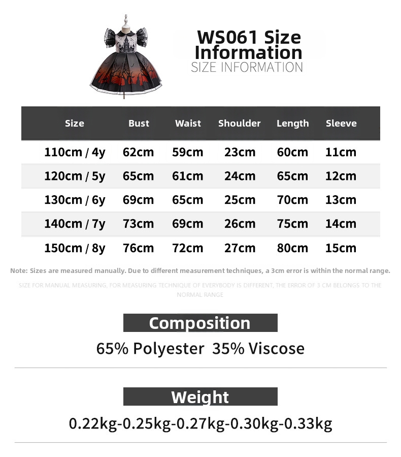 Vestido de princesa para meninas com estampa de castelo e morcego para o Halloween - Fantasia para festas e brincadeiras de faz de conta (Preto, Tamanhos 4-8 anos)_voghion.com