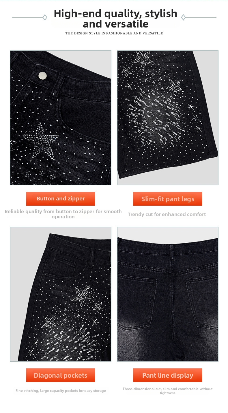 Unisex Black High-Waisted Rhinestone Embellished Denim Shorts - Gothic Style Distressed Jeans Shorts For Women Men_viptrois.com