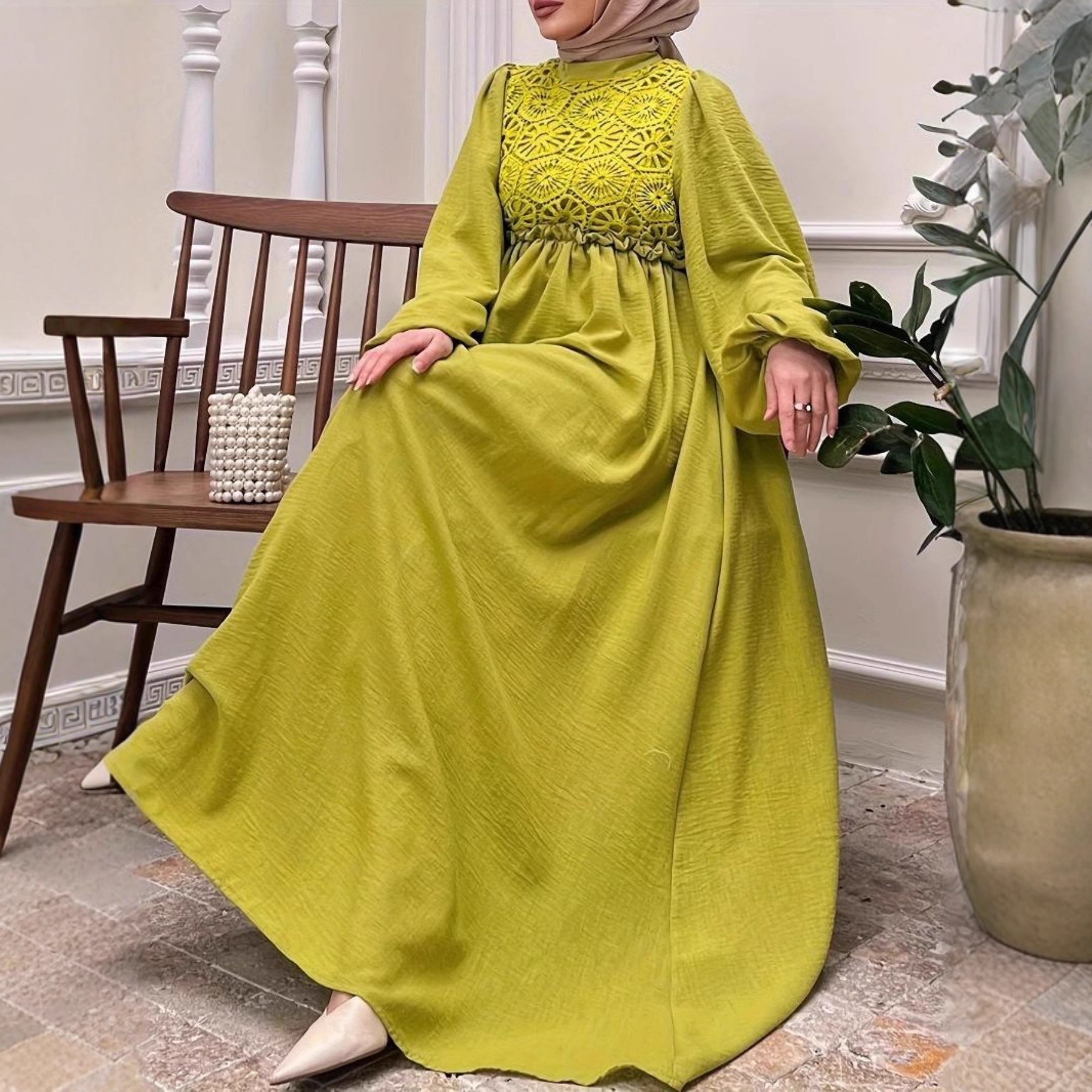 Vestido de noite discreto, estilo étnico do Oriente Médio, vestido muçulmano com detalhes em renda, manga bufante e cintura ajustada. Mais vendido na categoria Roupas Femininas._voghion.com