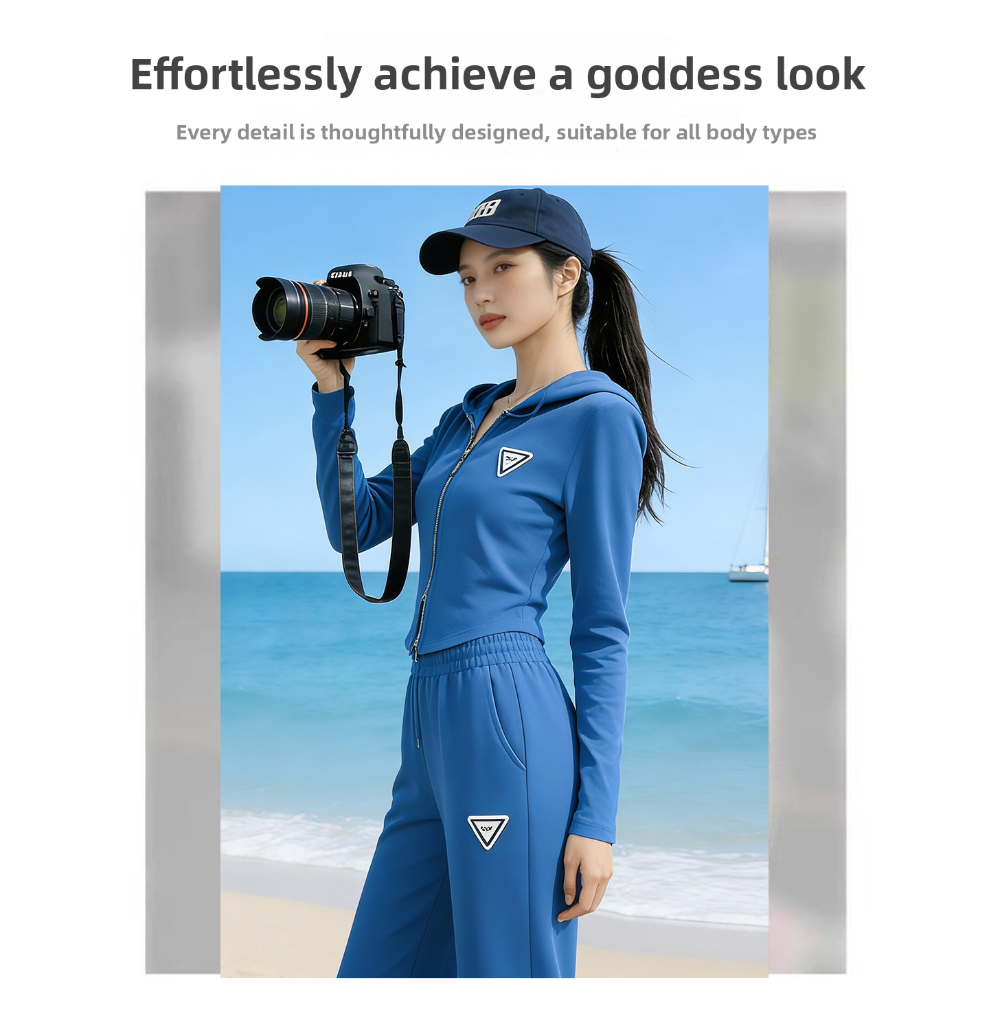 Women's Striking Blue Two Piece Set Hooded Jacket Long Sleeved Top Wide Leg Pants Casual Sporty Outfit Spring Style_ecoleips.com