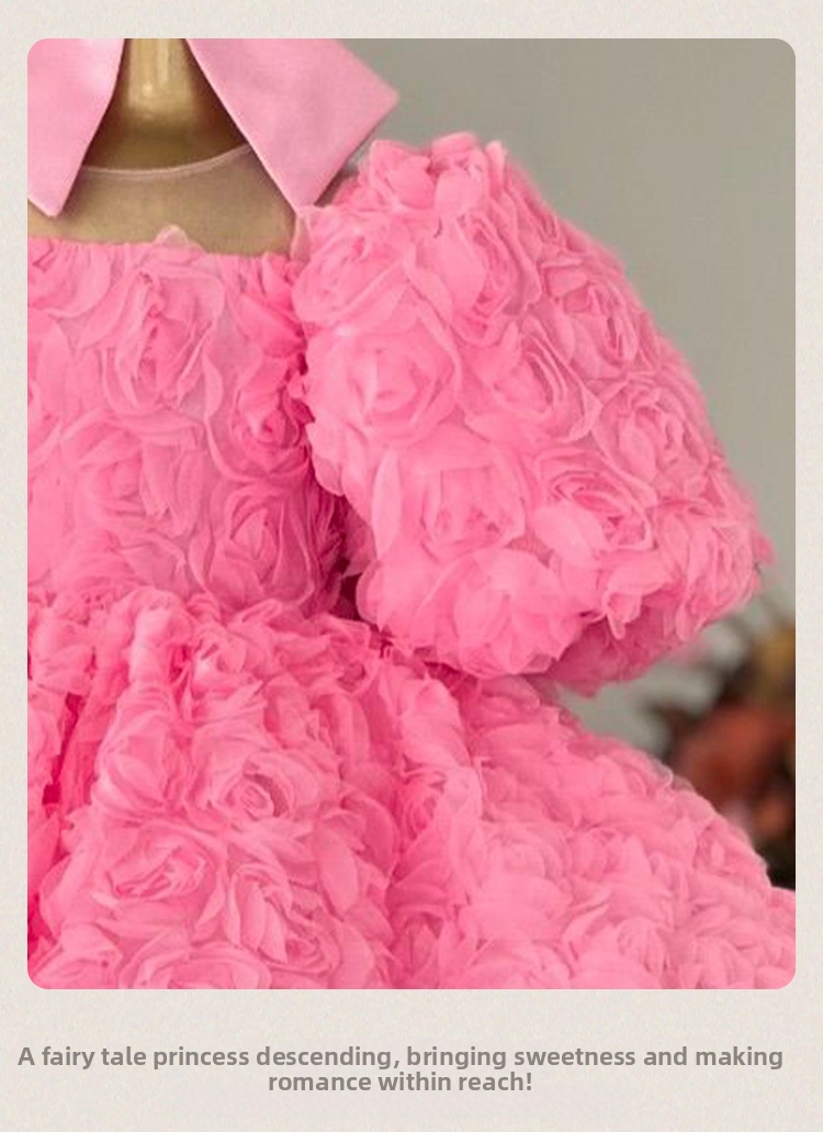 Lyserød prinsessekjole til piger festlig blomstret asymmetrisk kjole_voghion.com