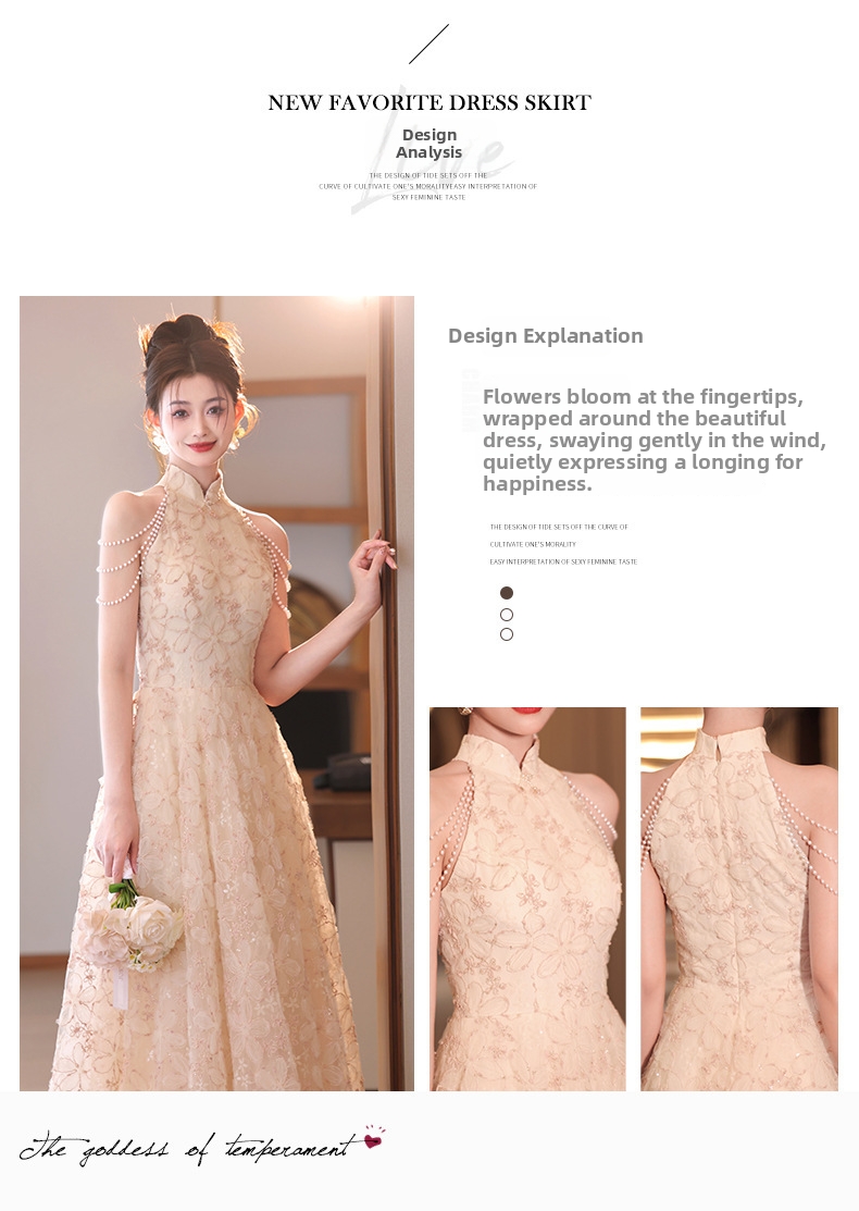 Elegant Floral Halter Neck Cheongsam Dress For Engagement Party, Banquet, And Bride's Homecoming_ecoleips.com