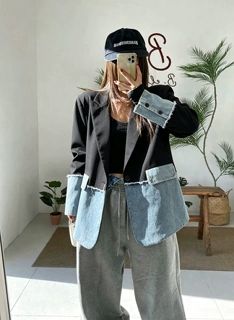 时尚设计感撞色牛仔拼接外套女新款韩版休闲百搭西装上衣3075款