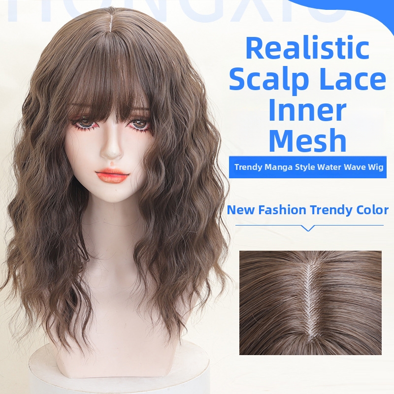 Peluca larga y esponjosa de lana para mujer, permanente con patrón de ondas de agua, peluca rizada de cabeza completa con flequillo de dibujos animados para rostro redondo, peluca sintética popular._voghion.com