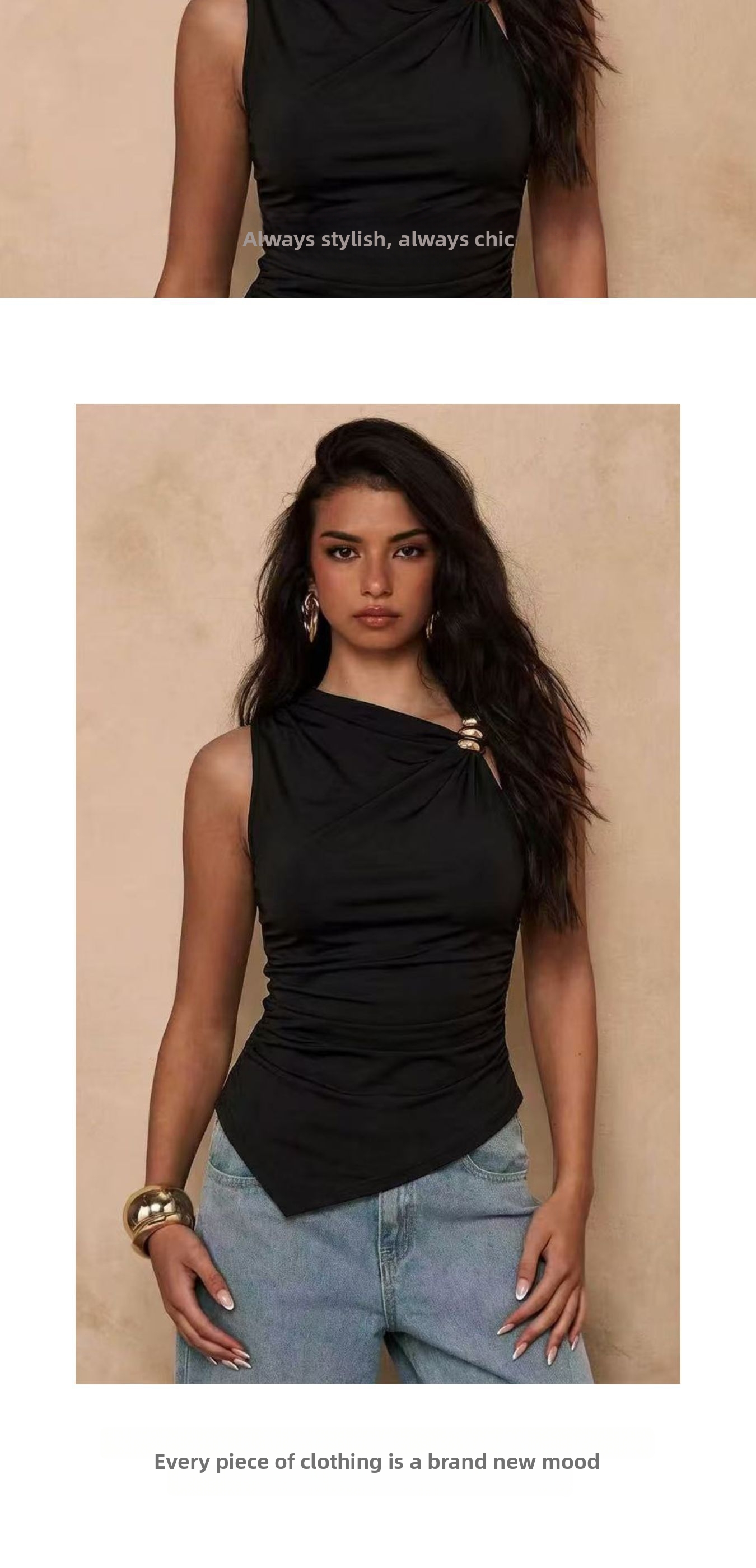Women's Slim Fit Sleeveless Vest Top Solid Color Irregular Pleats Metal Buckle Closure Product 2026_ecoleips.com