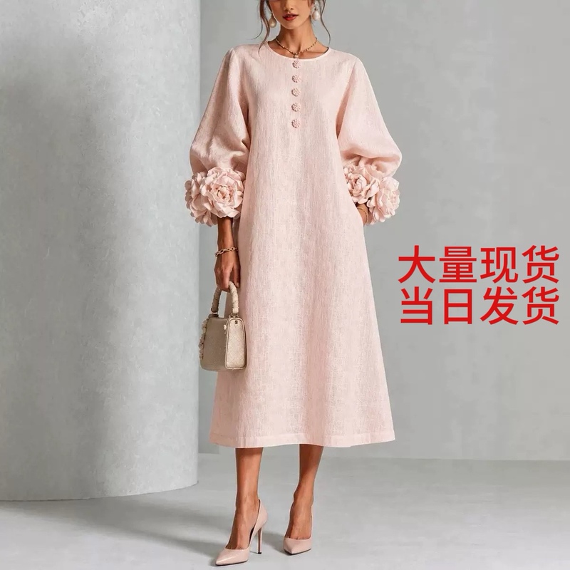 2026 Amazon Independent Station French Style Three-Dimensional Floral Lantern Sleeve Cotton Linen Midi Dress 2026 Amazon Independent Station French Style Three-Dimensional Floral Lantern Sleeve Cotton Linen Midi Dress