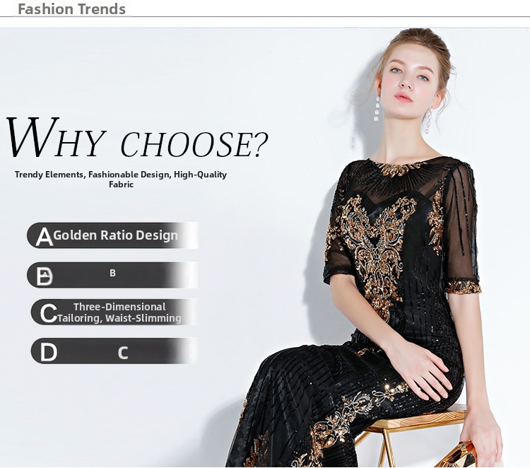 Black Mermaid Evening Gown Elegant Long Banquet Dress for Women Dignified Sophisticated Suitable for Presenters Performances_ecoleips.com