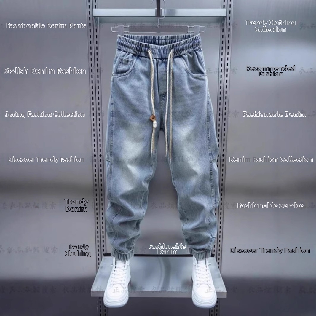 Men's Trendy Washed Distressed Harem Jeans Loose Fit Drawstring Cuffs Low Waist Casual Blue Jeans Spring Autumn Style_mkmklike.com