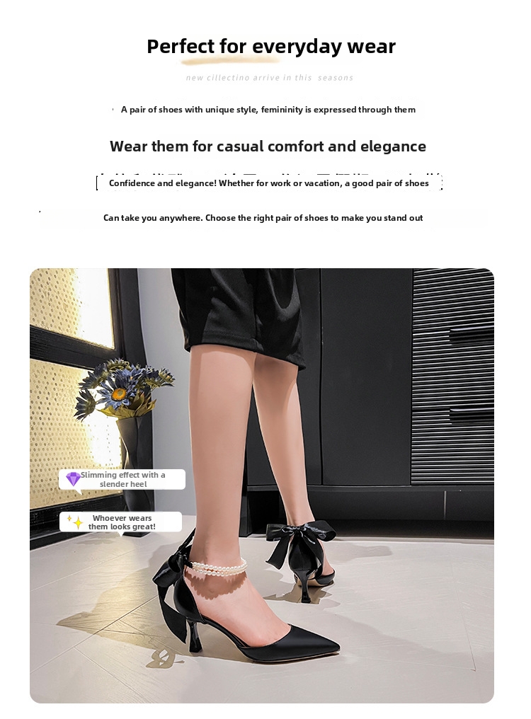 Women's French Style Elegant High Heels Pointed Toe Hollow Pearl Chain Bow Stiletto Pumps White Wedding Shoes Chunky Heel Plus Size_vogvips.com