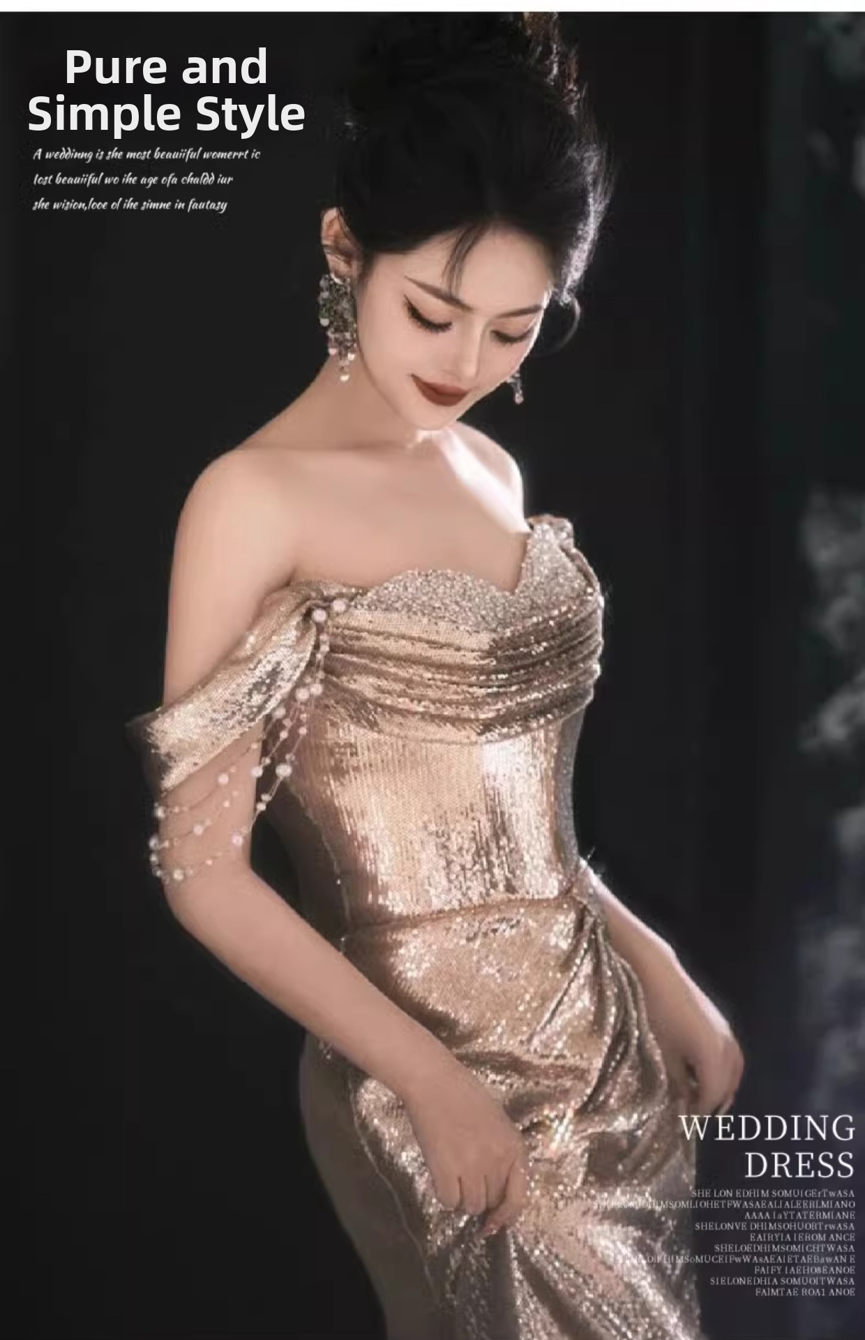 Robe de soirée sirène élégante à sequins dorés épaule dénudée_voghion.com