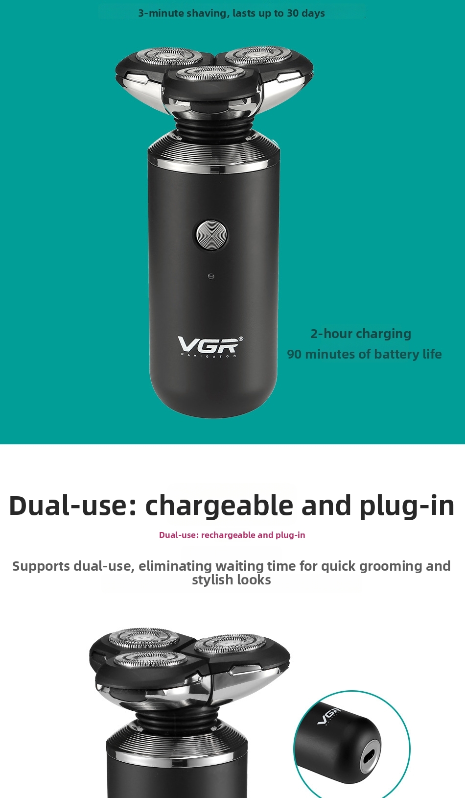 Electric Shaver For Men Usb Rechargeable Waterproof Three Head_voghion.com