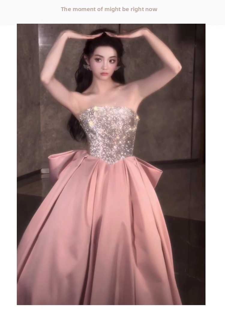 Pink Glitter Strapless Evening Dress New Style Princess Ball Gown For Student Vocal Music Exam Fairy Tale Banquet Wear_ecoleips.com