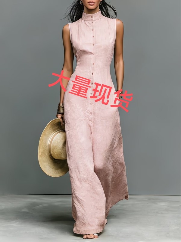 Cross-border Amazon 2026 New Women's Minimalist Style Linen Blend Stand Collar Single-Breasted Sleeveless Maxi Dress