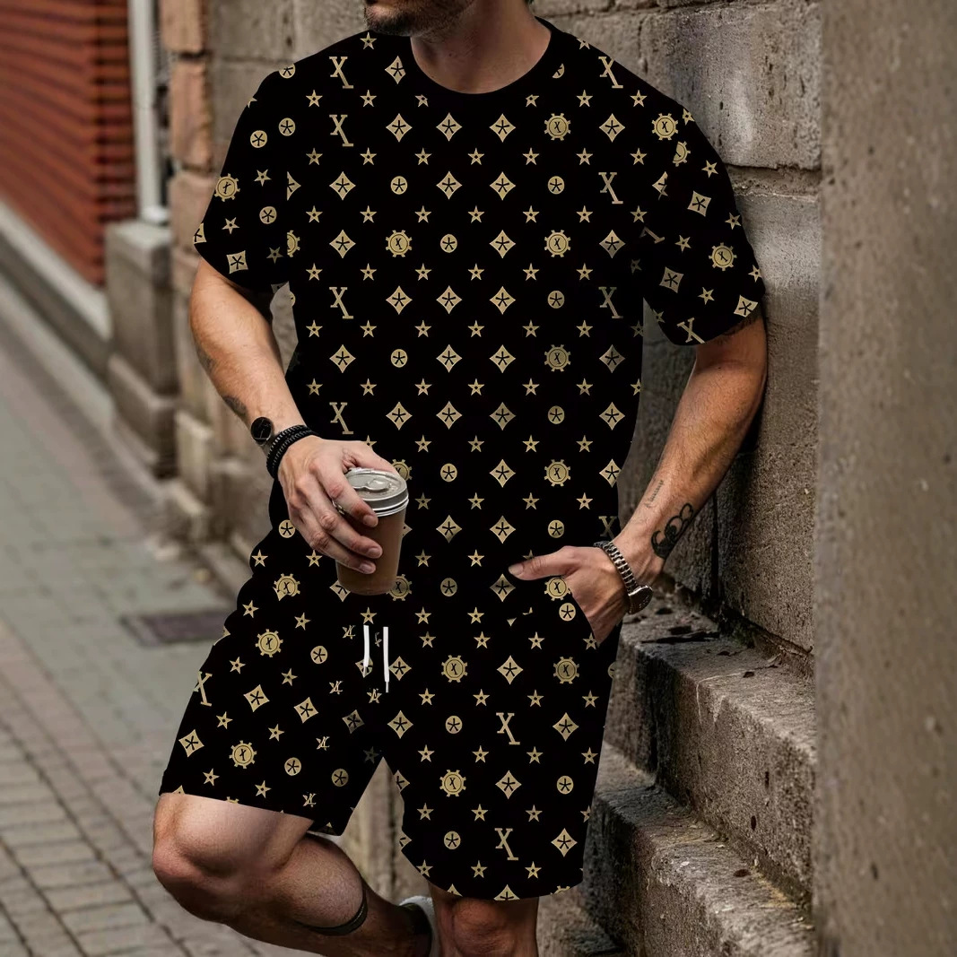 Herren-Set aus Kurzarmhemd und Shorts mit 3D-Druck – Lässiges und bequemes Outfit aus Bambus-Baumwoll-Mischgewebe_voghion.com