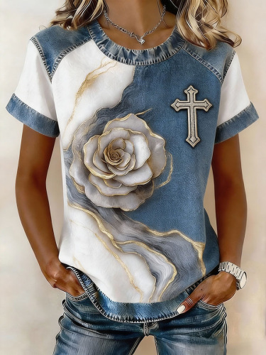 Women's Waffle Print Short Sleeve T-Shirt 3D Digital Print Loose Fit round Neck Casual Tee for Streetwear And Travel_ecoleips.com