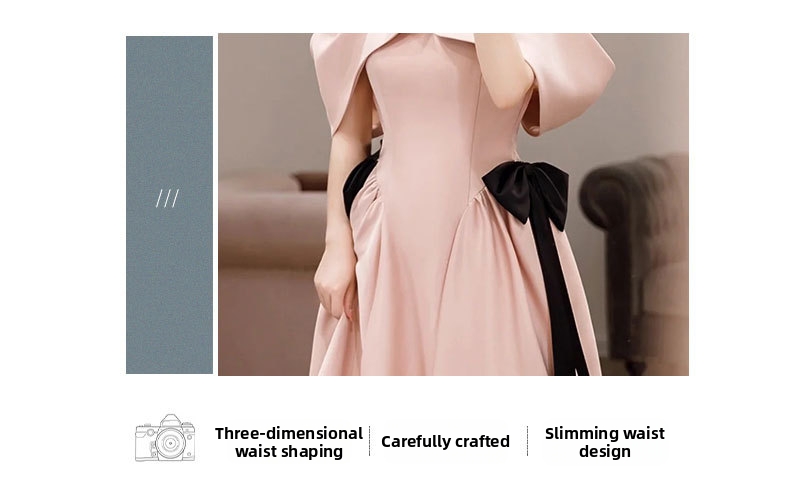 Elegante abito da sera in raso rosa con spalle scoperte per sposa_voghion.com