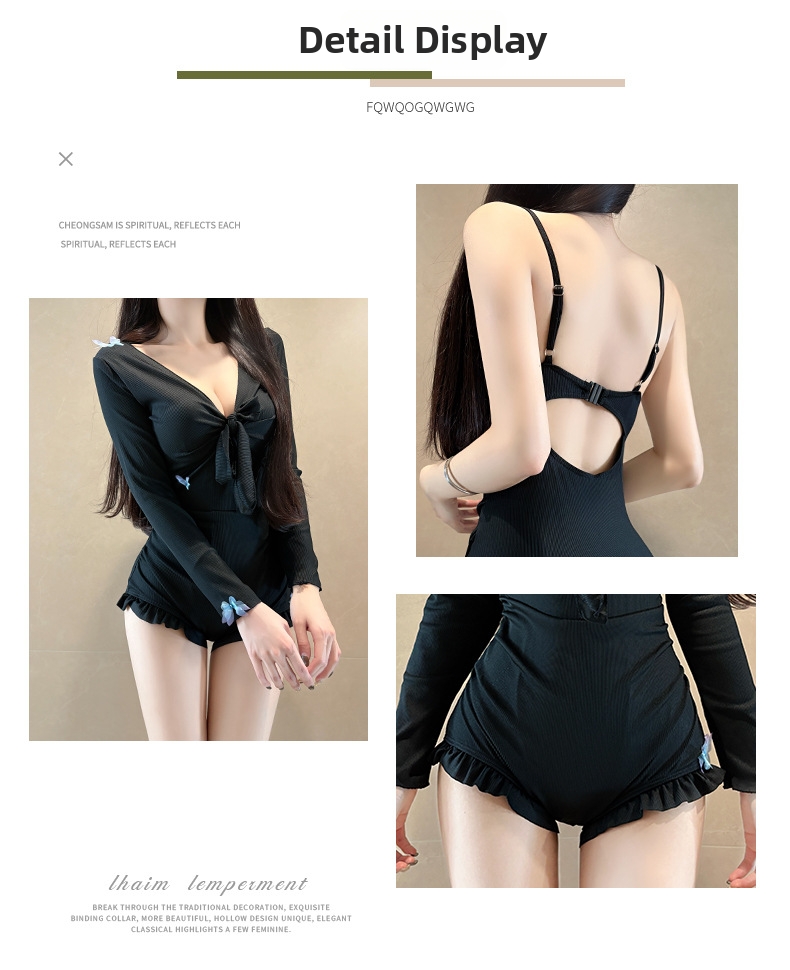 Women's Slimming One Piece Swimsuit Long Sleeve Solid Color Conservative Fitted With Underwire For Hot Springs Two Piece Design_ecoleips.com