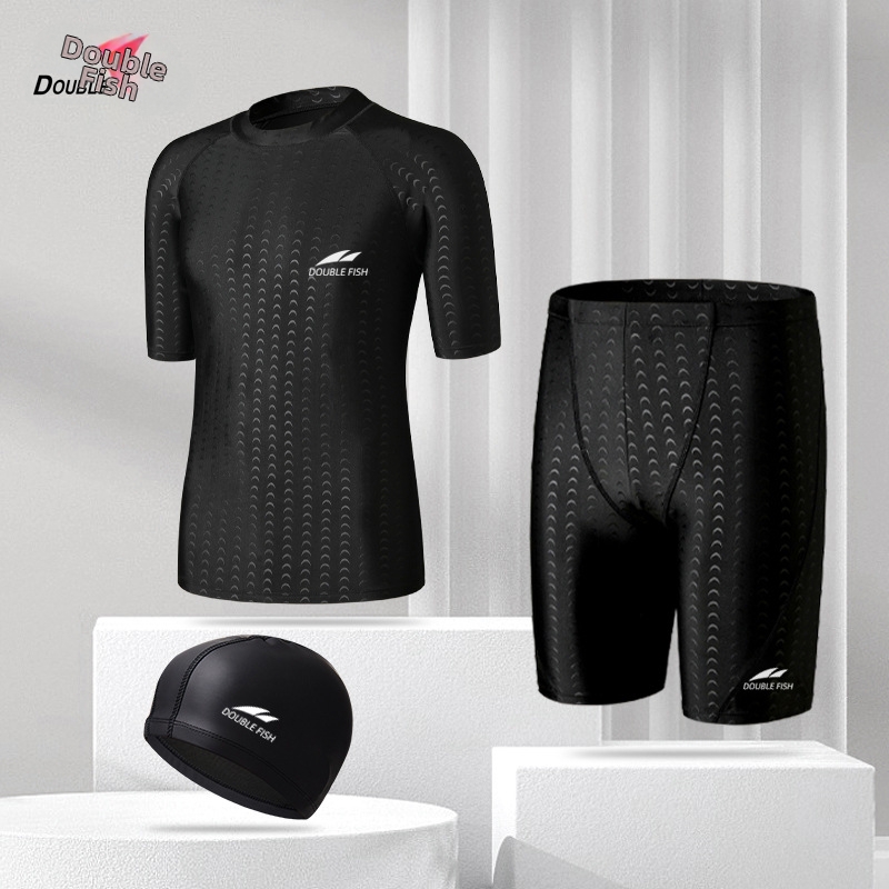 Pisces Men's Faux Shark Swimsuit Quick Drying Anti Embarrassment Sun Protection Square Angle Swim Trunks Plus Size 5 Point Professional Swimming Set_voghion.com