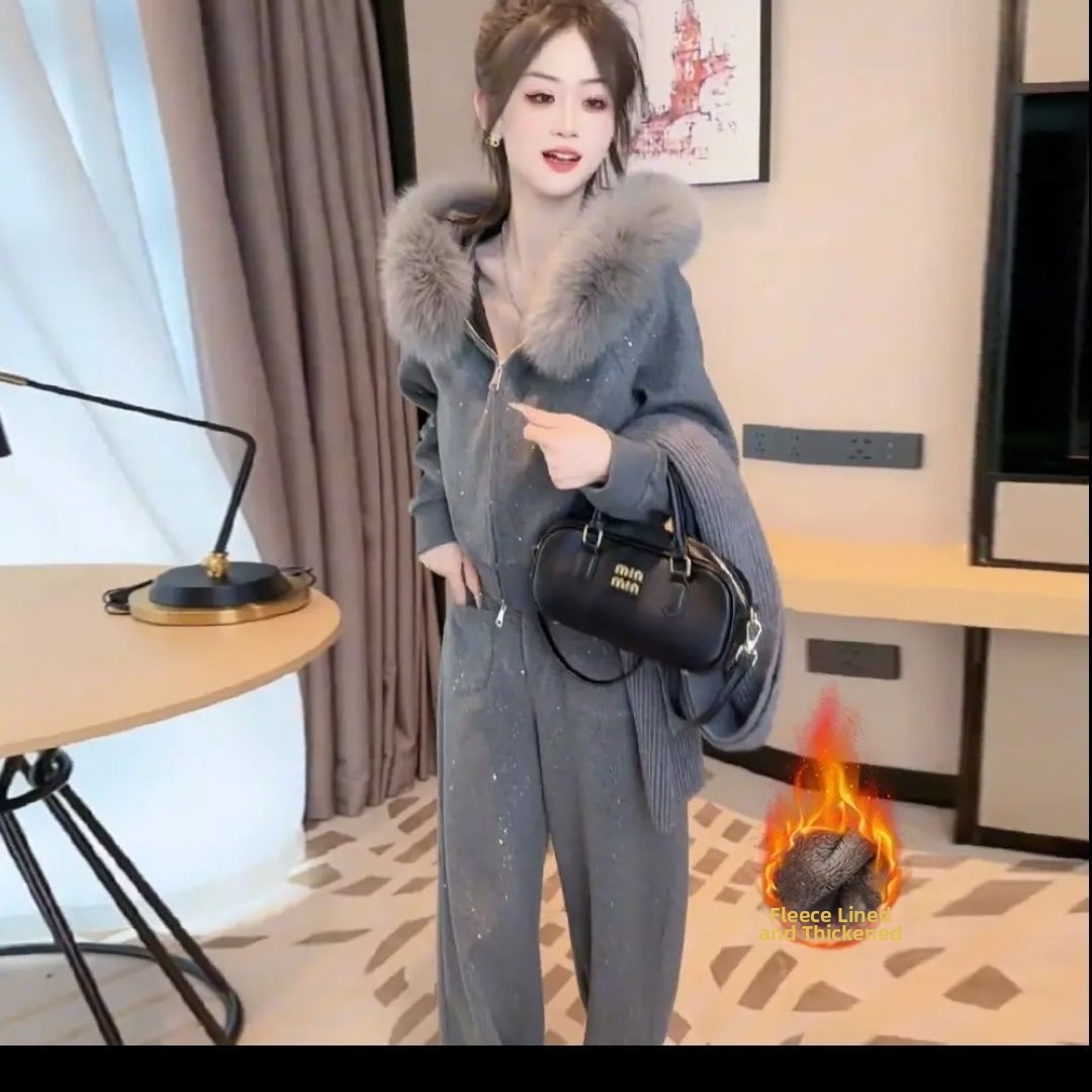 Women's Fleece Lined Thickened Two Piece Set Casual Fashionable Autumn Winter Hooded Sweatshirt Wide Leg Pants Heavy Duty Sequined_voghion.com