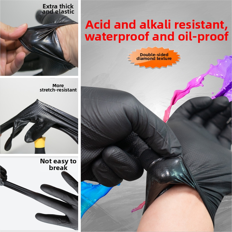 Gants en nitrile noir extra épais, jetables, pour usage médical, alimentaire, coiffure, réparation automobile et tatouage. Résistants aux acides et aux alcalis._voghion.com