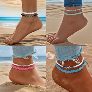 Aliexpress Hot Selling Bohemian Beach Style Anklet Simple Seahorse Beaded Multi-Layer Braided Rope Anklet Two-Piece Set