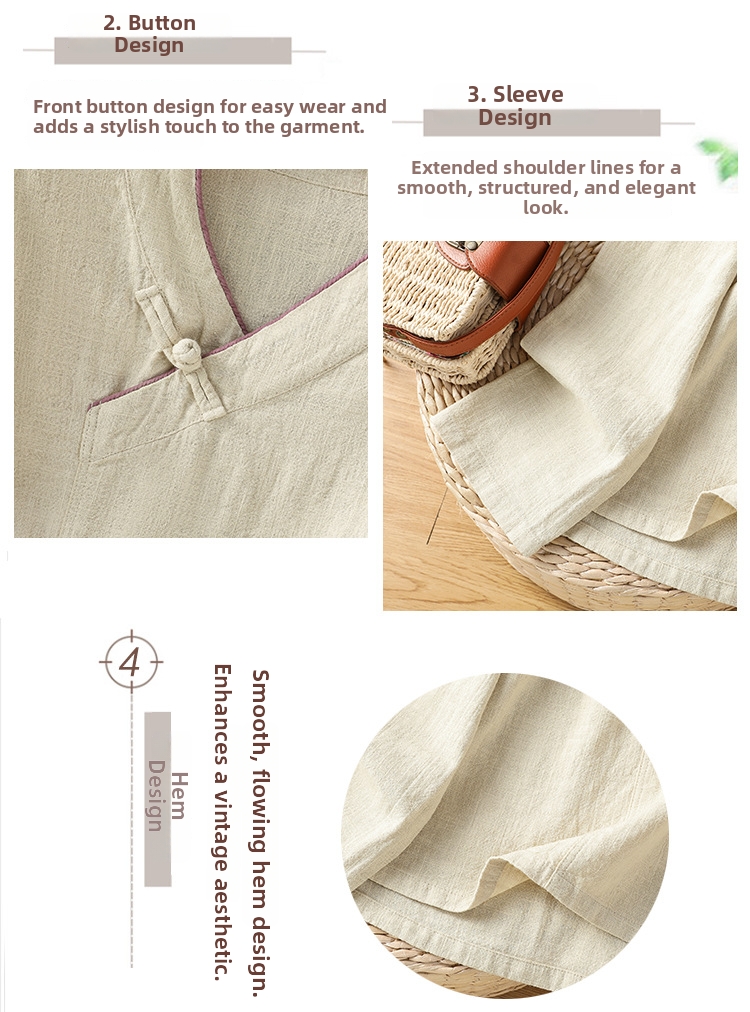 Blusa mujer estilo chino cuello v manga larga algodón y lino_voghion.com
