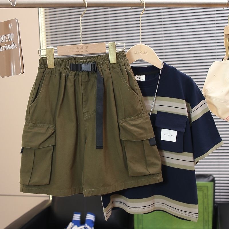 秒 男童夏季工装套装宽松条纹短袖 2件套|undefined