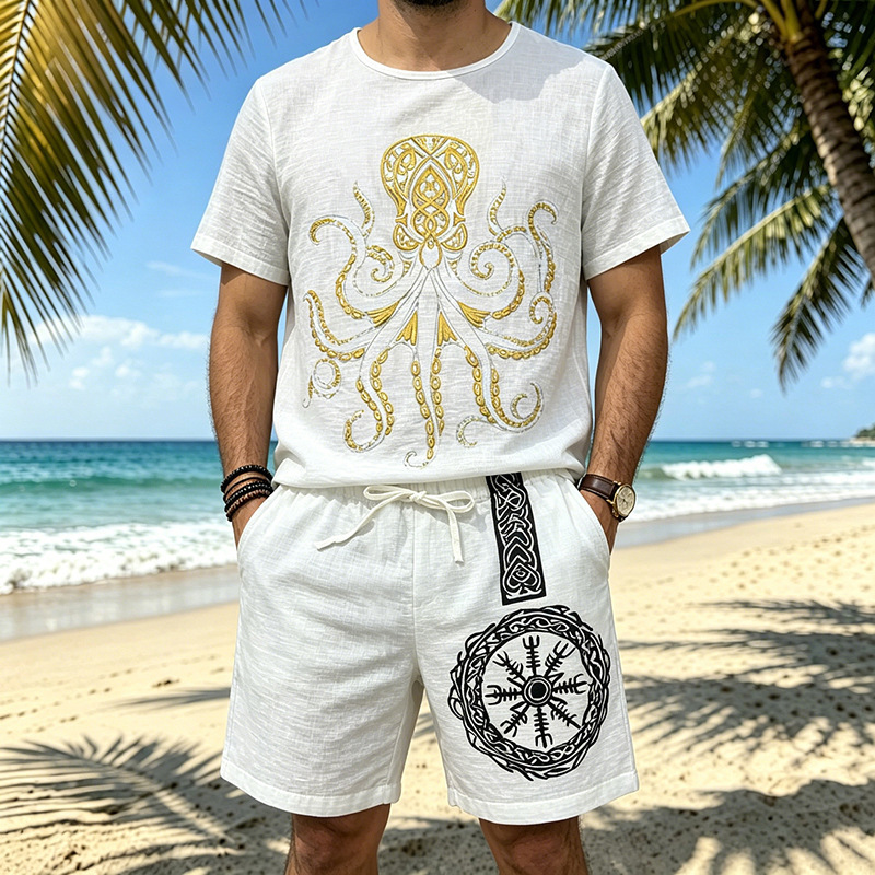 Men's Textured Short Sleeve T-Shirt And Shorts Set Casual Summer Outfit Retro-Inspired Prints_viptrois.com