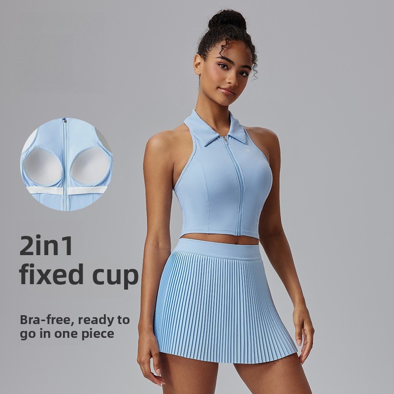 Tennis Suit Fitness Suit Women's Badminton Outdoor Sports Top Lapel Running Skirt Sports Suit_ecoleips.com