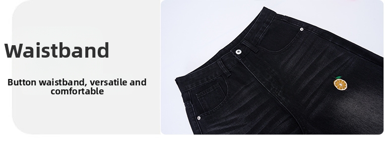 Unisex White Denim Jeans With Fruit Embroidery, Loose Straight Leg, Casual Comfort Fit For Men And Women_viptrois.com