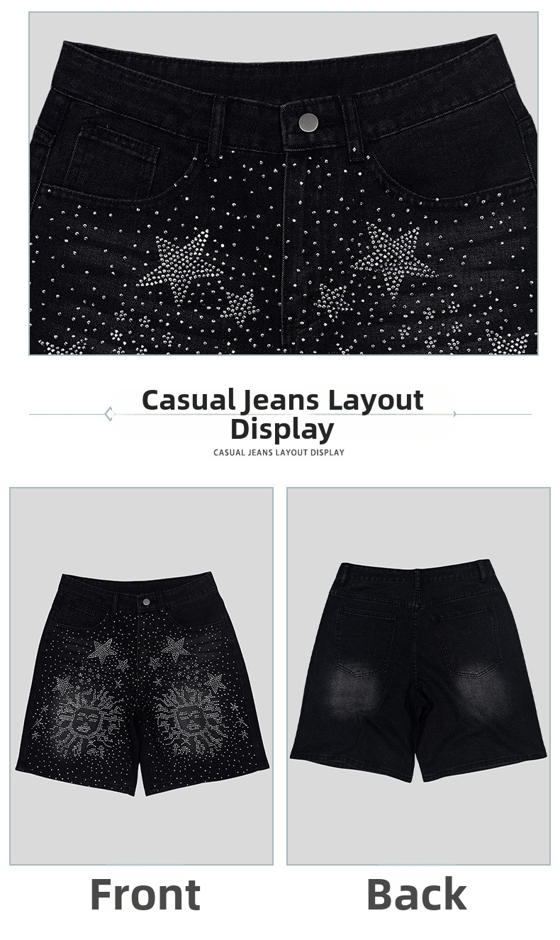 Unisex Black High-Waisted Rhinestone Embellished Denim Shorts - Gothic Style Distressed Jeans Shorts For Women Men_viptrois.com