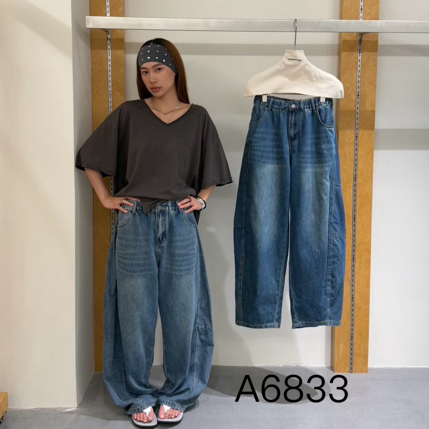 becabeau女A6833夏韩版宽松大码胖mm慵懒休闲风弯刀萝卜牛仔长裤