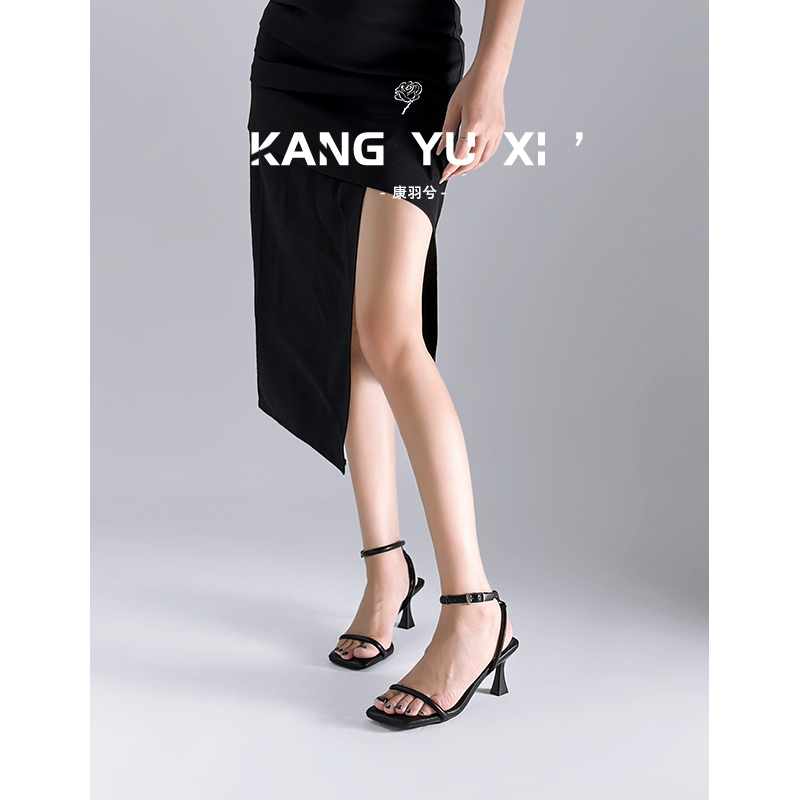 Kang Yuxi Super Soft~ soft sole Women's Sandals with a Single Strap, Elegant and Fashionable Open-Toe Black Stiletto High Heels for Women in Summer