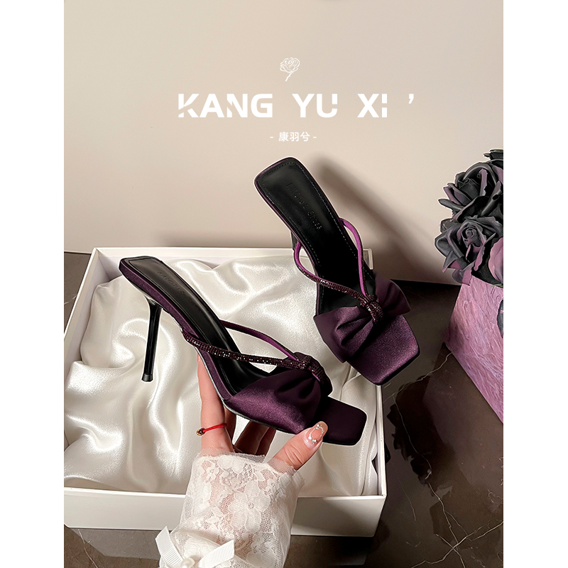 Purple Satin Rhinestone Strap Sandals for Women 2025 Summer New Style Elegant Open-Toe Outdoor Stiletto High-Heeled Slippers