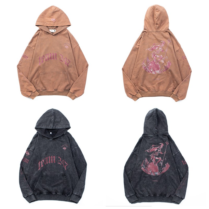 Rep American High Street Hip-Hop Loose Retro Washed Old Warrior Angel Print Hooded Sweatshirt for Men and Women