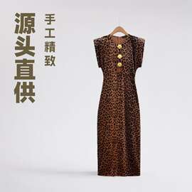 欧美跨境老钱风性感丝绒豹纹印花镂空贝壳金属扣长裙子女夏连衣裙
