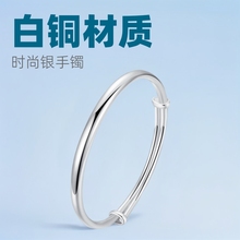 时尚银手镯女士光面圆管推拉银手环细款圆肚银鐲子首饰批发轻奢