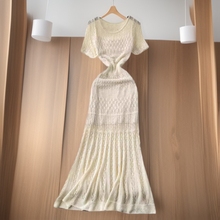 欧美韩系甜美复古镂空钩花圆领短袖针织连衣裙女打底吊带裙两件套