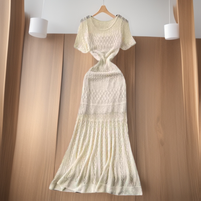 欧美韩系甜美复古镂空钩花圆领短袖针织连衣裙女打底吊带裙两件套