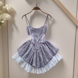 法式高級感吊帶連衣裙女夏季絕美純欲蕾絲小眾別致設計感蓬蓬短裙